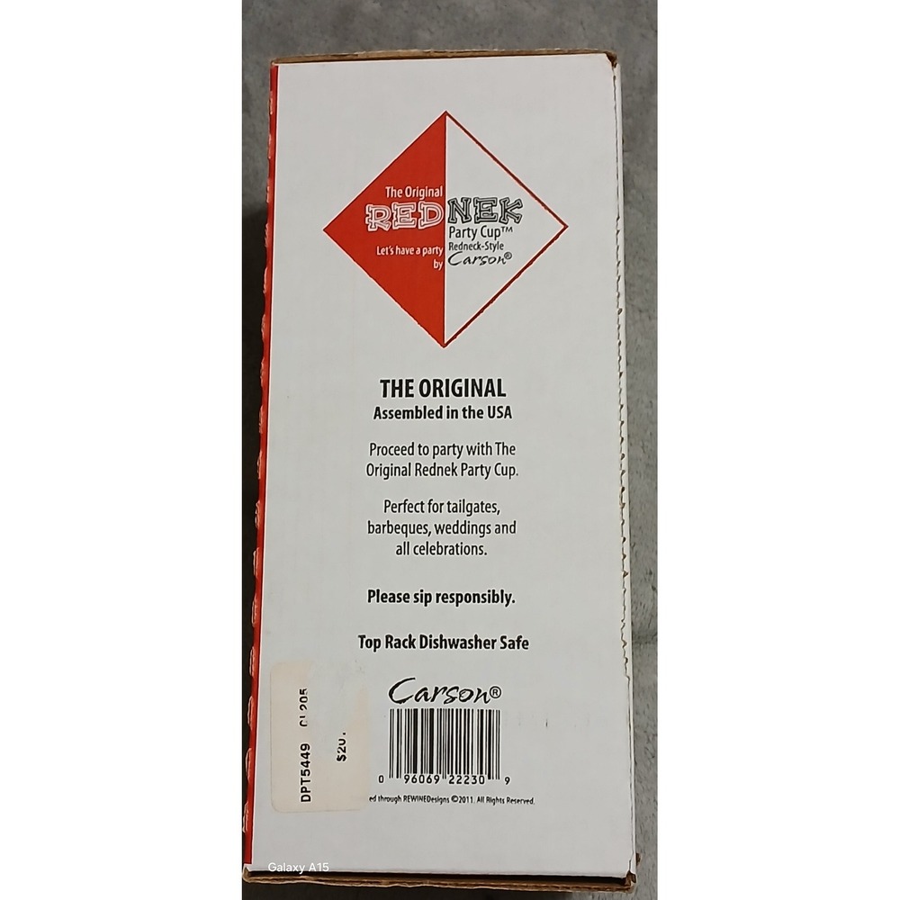 The Original Red Nek Party Cup by Carson Red Melamine Glass Base 16oz New in Box - Picture 3 of 5